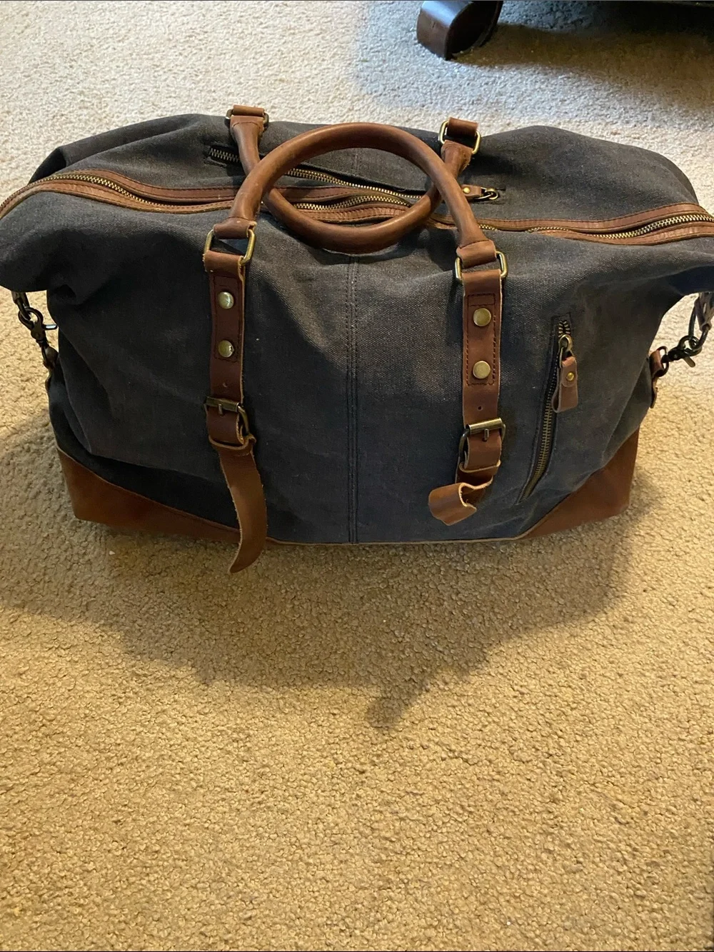 S-Zone Classic Gray Canvas Duffel with Brown Leather Accents